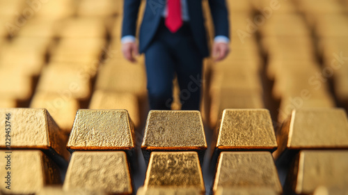 businessman walking among gold bars, symbolizing wealth and success. image captures essence of ambition and prosperity in financial context photo