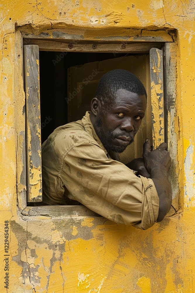 Obraz premium An African service man installing window