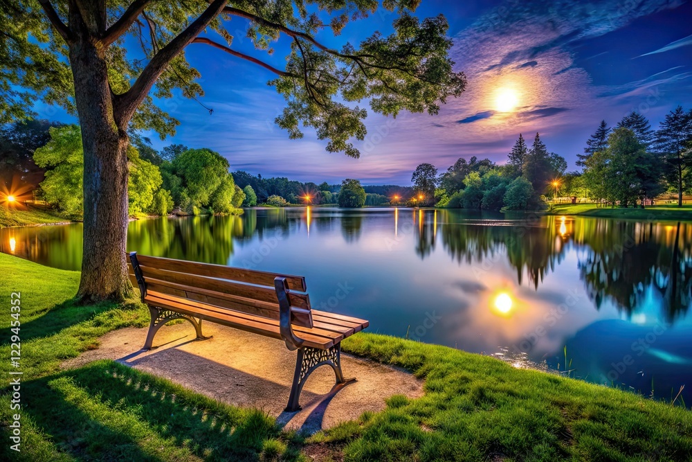 Obraz premium Night Park Bench Lake Photography AI Art, Scenic Evening, Peaceful Lakeside