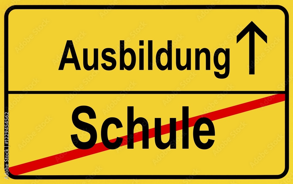 Sign, city limit, symbolic image for the transition from Schule or school to Lehre or vocational training Sign, city limit, symbolic image for the transition from Schule or school to Lehre or vocational training