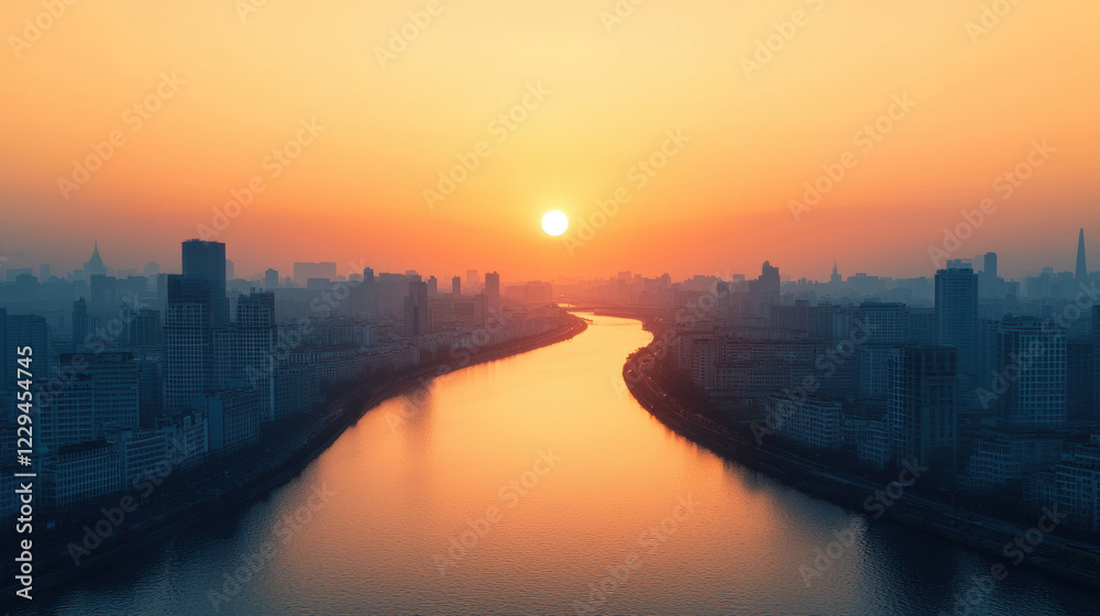 Fototapeta premium stunning sunset over urban skyline, with river reflecting golden hues. scene captures beauty of city life at dusk, evoking sense of tranquility and wonder