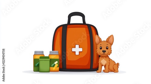 Cute Dog Next to Medical Bag and Bottles with Pet Medications
