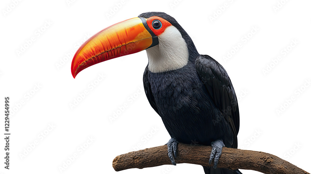 Obraz premium Colorful toucan perched on a branch, showcasing its vibrant beak against a white isolated background.