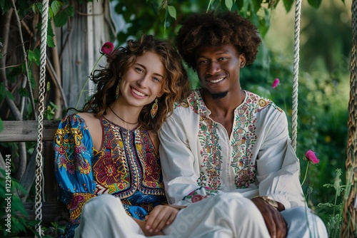 An interracial couple sits on a bench swing in the garden
