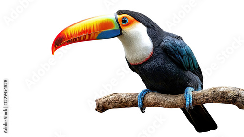 Colorful toucan perched on a branch, isolated on a white background.
