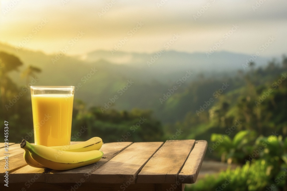 Fresh fruit shake in a glass, smoothie, exotic fruit, banana, wooden table, wellness drink, sunrise in front of green hills, AI generated Fresh fruit shake in a glass, smoothie, exotic fruit, banana, wooden table, wellness drink, sunrise in front of green hills, AI generated