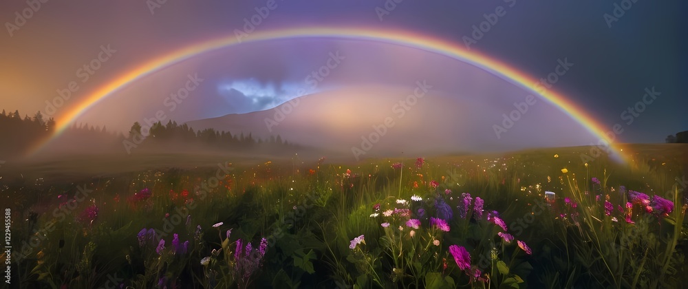 A vivid rainbow above a flowering meadow creating a romantic atmosphere A vivid rainbow above a flowering meadow creating a romantic atmosphere