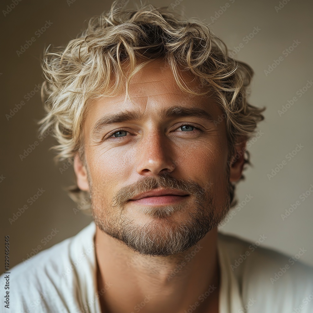 Fototapeta premium minimalistic portrait of blonde softly smiling man is 40 years old with curly hair in white T-shirt on beige background