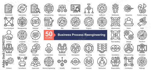Business Process Reengineering Icon Collection Set.Containing Assessment, Intervention, Evaluation, Reengineering, Refinement, icon. Simple line style Vector Illustration.	
