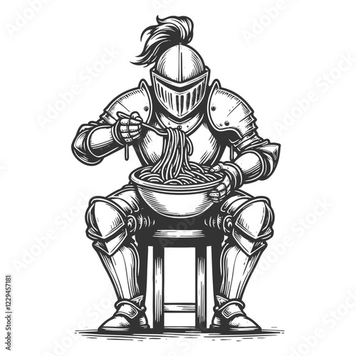 medieval knight in full armor enjoying a bowl of spaghetti, historical imagery with humorous elements sketch engraving generative ai vector illustration. Scratch board imitation. Black and white image