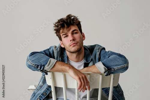 A Confident man in denim jacket working as a model resting photo