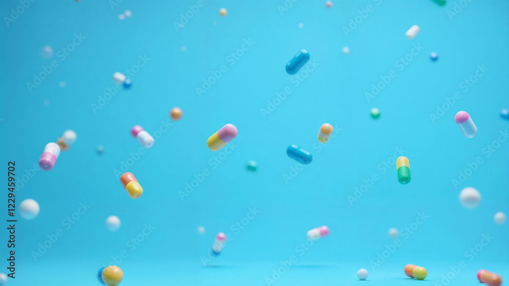 Fototapeta premium Colorful capsules cascading against a bright blue background in a dynamic display of motion and light