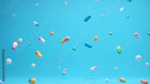 Colorful capsules cascading against a bright blue background in a dynamic display of motion and light