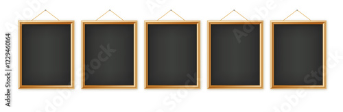 Signboards in a wooden frame hanging . Restaurant menu board. School vector chalkboard, writing surface for text or drawing. Blank advertising or presentation boards. Vector.