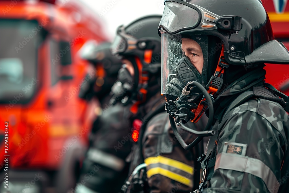 A Firefighters man in a protective suit near fire truck A Firefighters man in a protective suit near fire truck