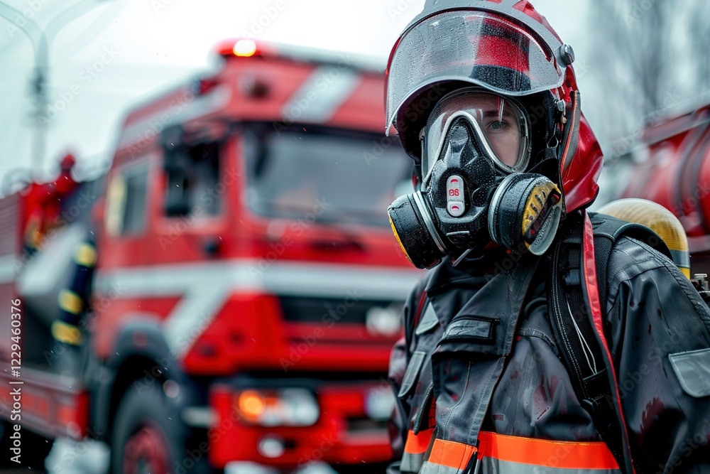 Naklejka premium A Firefighters man in a protective suit near fire truck