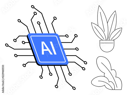 AI chip with circuit lines connecting outward. Two simple potted plant sketches in minimalist style. Ideal for technology, nature integration, innovation, AI growth, eco-sustainability, balance of