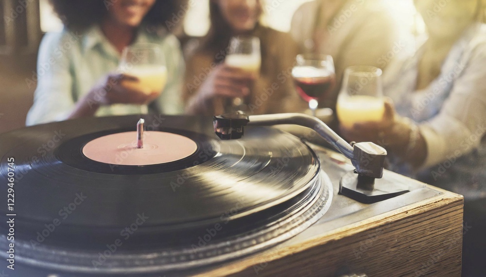 Obraz premium Friends enjoy drinks vinyl record playing together in cozy setting at sunset, bokeh effect ai generated, AI generated