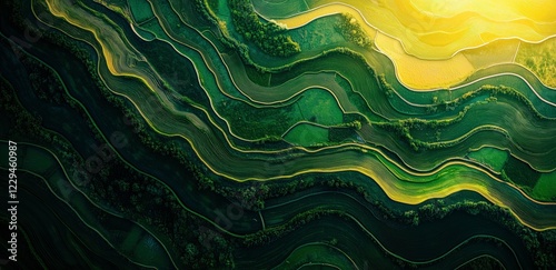 Jade Terraces: Aerial view of vibrant green rice terraces cascading down a mountainside, illuminated by golden sunlight.