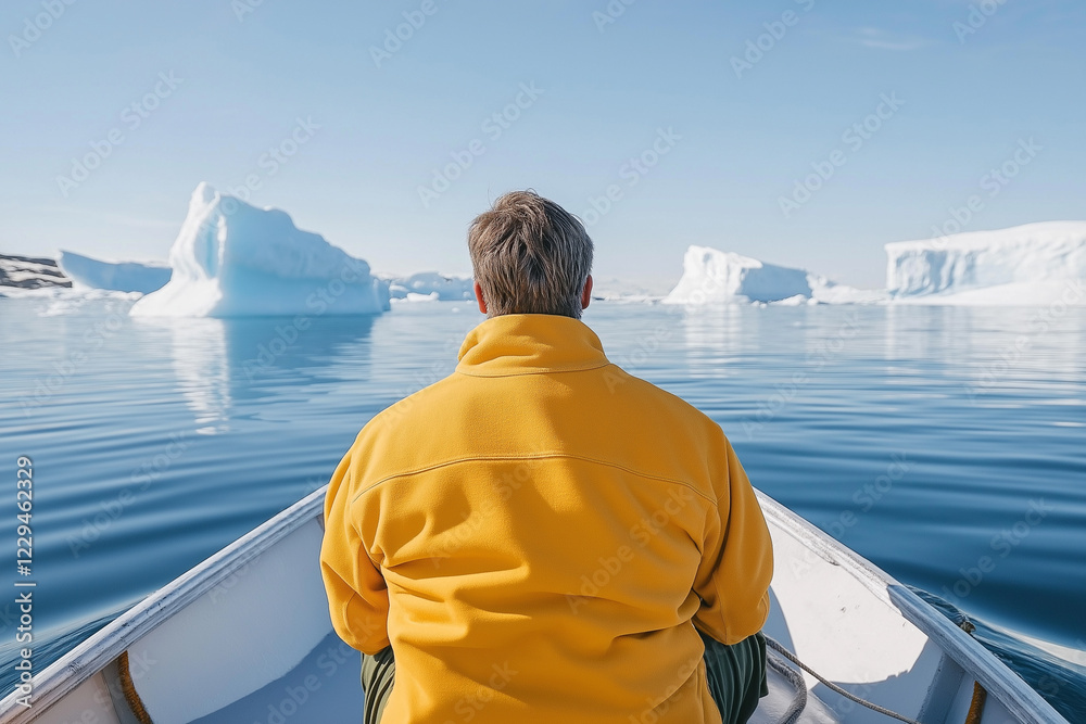 Fototapeta premium A Greenlandic fisherman looking at melting icebergs with concern, as his boat floats in open water