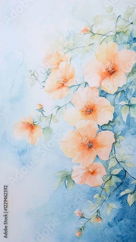 Beautiful watercolor artwork featuring orange flowers and green leaves on a soft blue background, perfect for decor and design.
