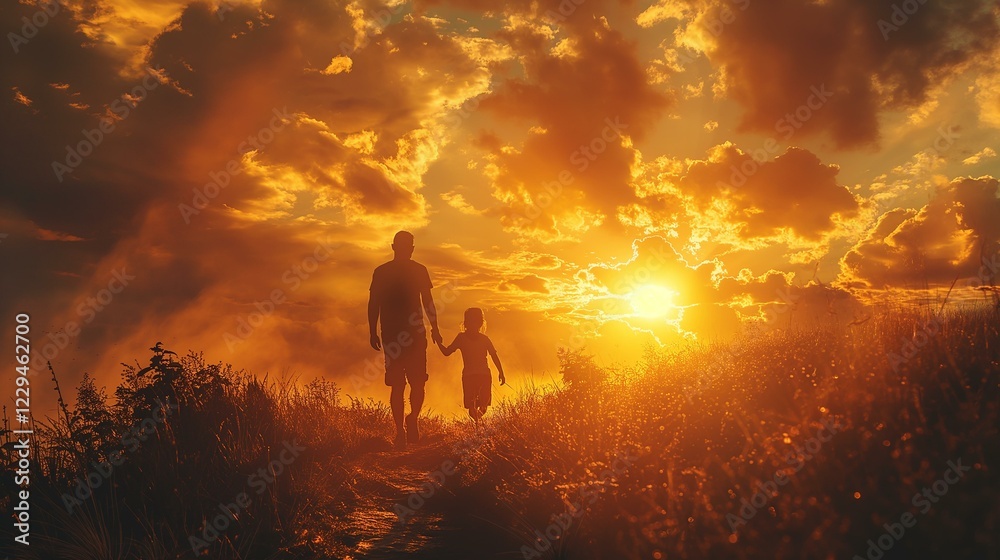Fototapeta premium Father and Child Silhouetted Against a Vibrant Sunset Landscape