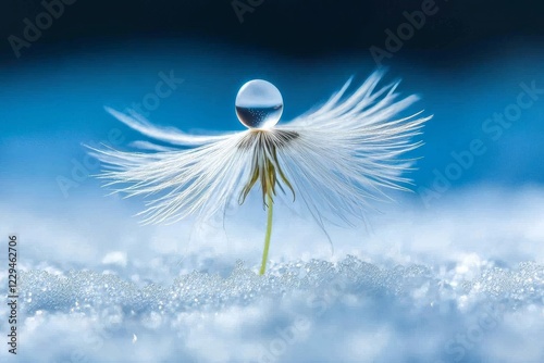 Dew drops on dandelion seeds against a macro blue background. Drops of water on the parachutes of the flower. This serene image evokes a sense of calm