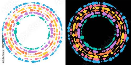 Multi colored abstract round frame made of randomly shaped blots and dots stuck on, united into rings. Vector design element isolated on white and black background