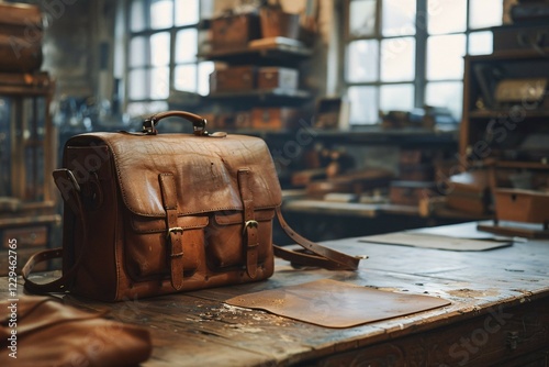 A vintage leather briefcase on a workbench in a rustic workshop setting, AI generated photo