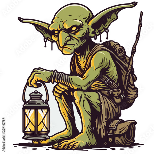 Goblin with Lantern: A mischievous goblin, his sharp eyes gleaming with mischief, sits alone in the fading light, clutching a lantern that casts an ethereal glow upon the scene.