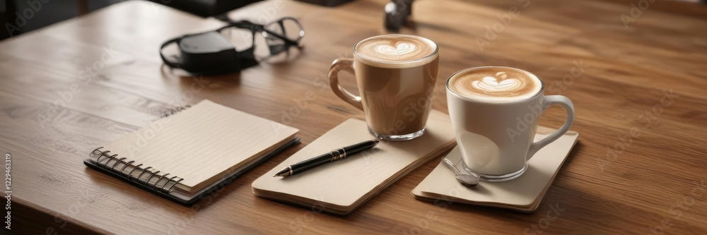 Coffee piccolo latte on wooden desk with a notepad and pen holder , writing, pen holder Coffee piccolo latte on wooden desk with a notepad and pen holder , writing, pen holder