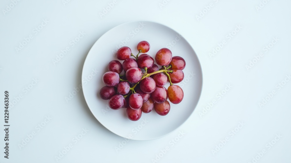 A minimalist plate of fresh grapes, neatly arranged in a simple pattern on a plain white ceramic plate, Grapes centered A minimalist plate of fresh grapes, neatly arranged in a simple pattern on a plain white ceramic plate, Grapes centered