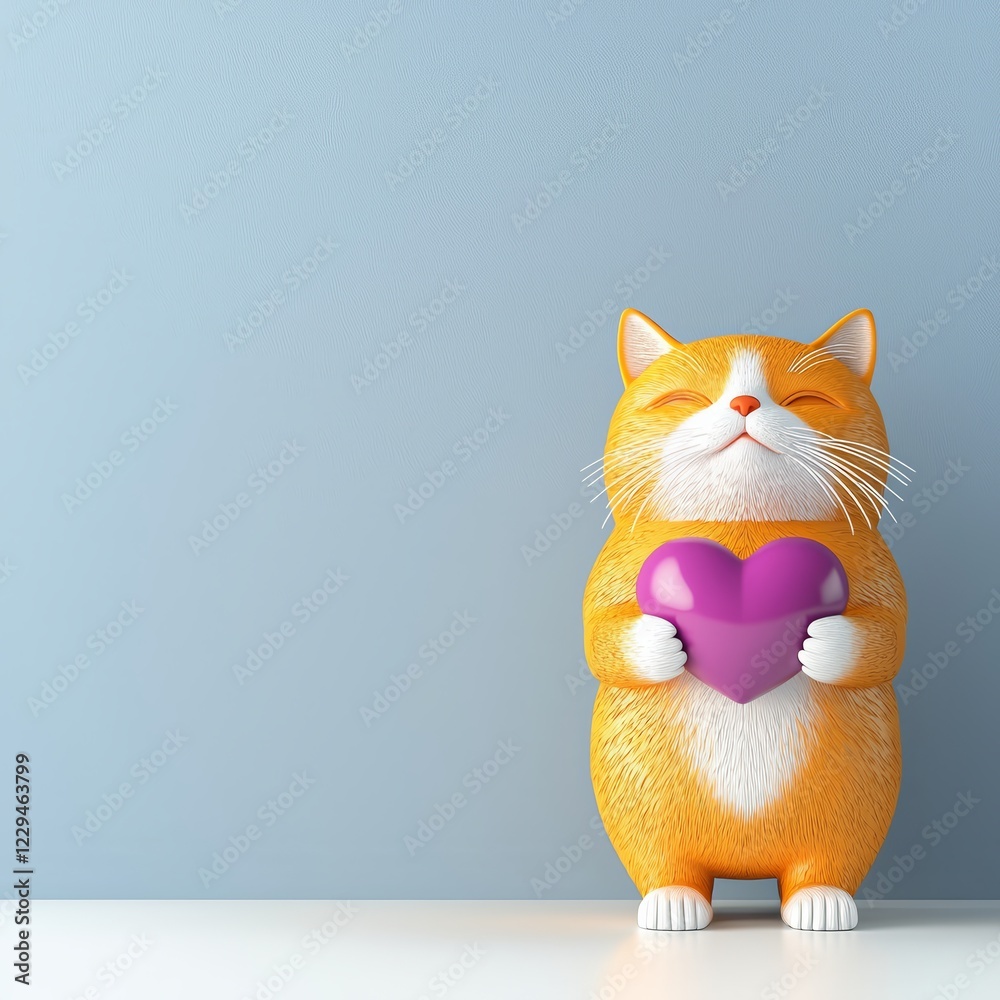 A cheerful orange cat figurine holds a purple heart against a soft blue background, conveying warmth and affection. A cheerful orange cat figurine holds a purple heart against a soft blue background, conveying warmth and affection.