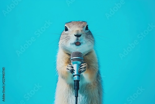 Prairie dog holding a microphone and singing against a vibrant turquoise background, creating a humorous and surreal atmosphere that captures attention and sparks joy