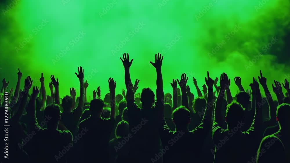 Green chroma key screen background highlights crowd of silhouettes with hands raised in celebration. Energy of excitement moment of concert or dj party event. Enthusiastic attendees celebrate together