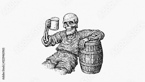 A pirate skeleton raises a toast with a mug.  Spooky, humorous animation perfect for Halloween, pirate-themed projects, or dark comedic content.