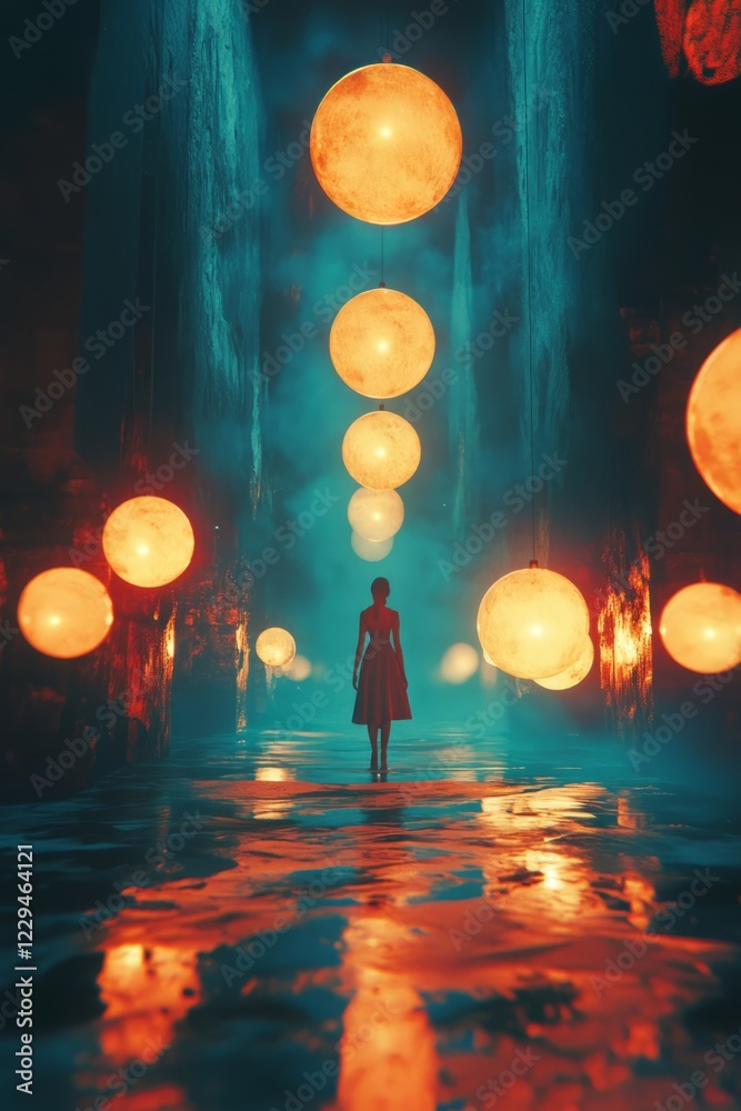 Fototapeta premium A mysterious figure stands in a surreal corridor with glowing spheres, creating an ethereal and dreamlike ambiance.