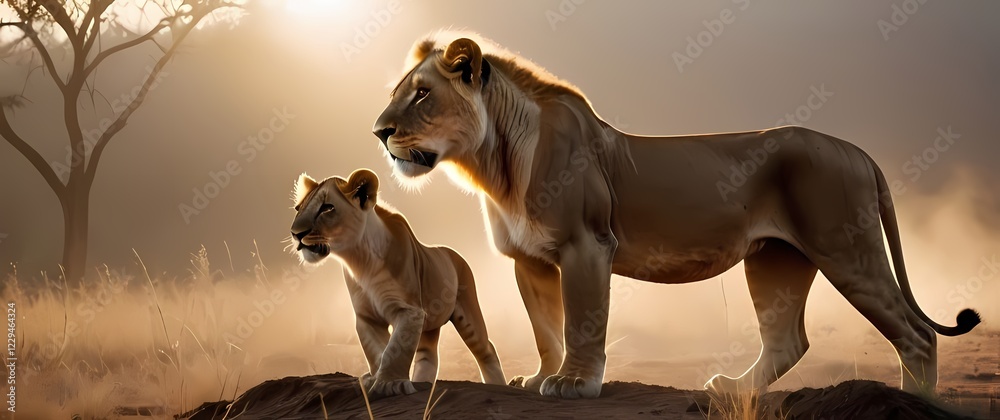 Fototapeta premium A wildlife photograph of a lioness protecting her cubs in a sun drenched savannah