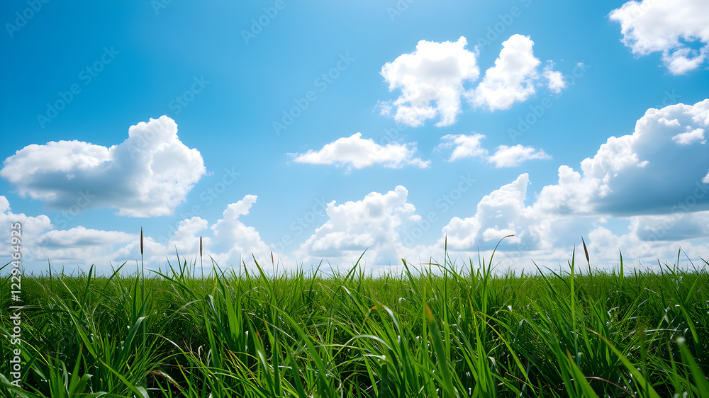 Obraz premium Green grass and blue sky with white clouds