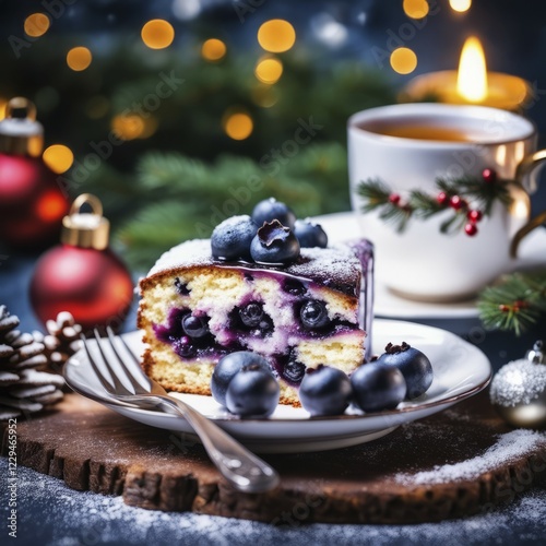 Rustic blueberry cake with candles and Christmas ornaments, creating a warm holiday ambiance with pine cones and festive lights, Blueberry Cake, AI generated photo