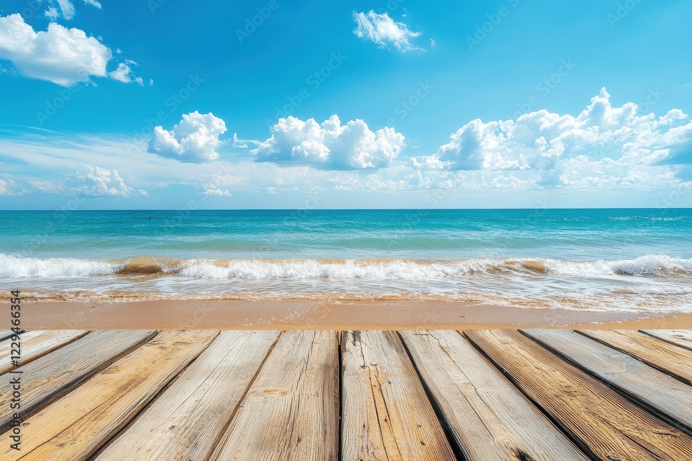 Fototapeta premium Wooden planks overlook a tranquil beach scene. Ideal for travel, vacation, or summer themed projects.