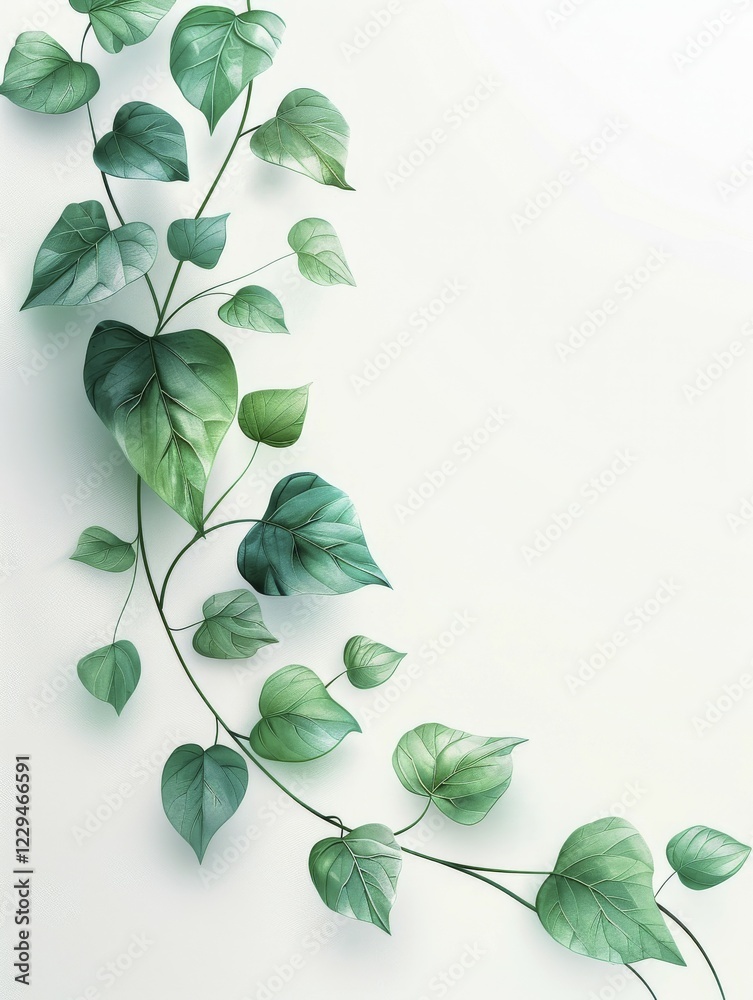 Fototapeta premium Minimalistic green leafy vines on a white background, AI generated
