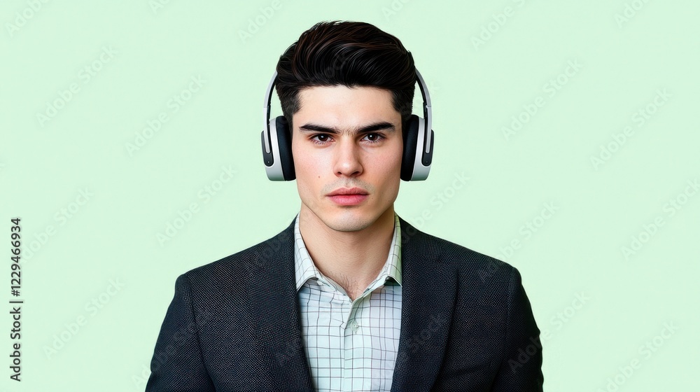 Young Man in Black Jacket Wearing Headphones Against Green Background Young Man in Black Jacket Wearing Headphones Against Green Background
