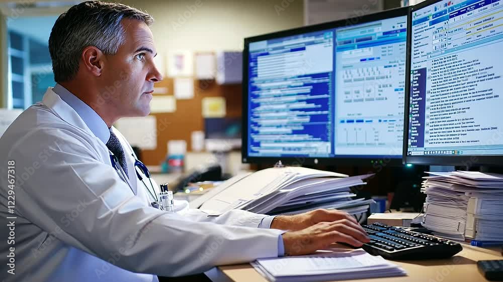 A medical coding specialist efficiently processes healthcare data in a modern office setting. A medical coding specialist efficiently processes healthcare data in a modern office setting.