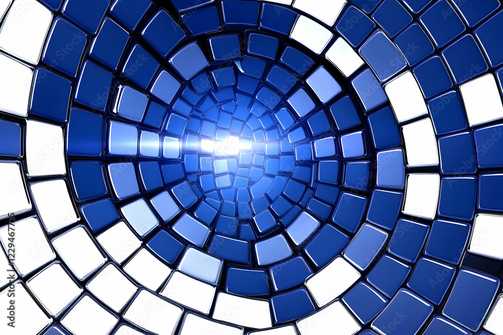 Naklejka premium Abstract 3D Blue and White Tiles Spiral Inward with a Bright Center and Glossy Finish