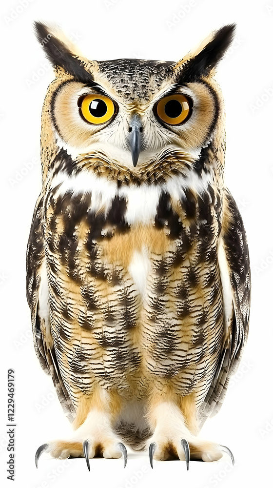 Naklejka premium Majestic Owl Poses with Intense Gaze on White Background in a Studio Photo
