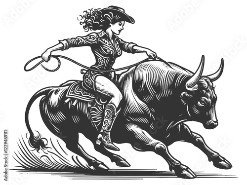 Pin-up woman bull cowgirl in full rodeo action, riding bull with a lasso sketch engraving generative ai fictional character vector illustration. Scratch board imitation. Black and white image.