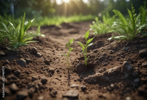 Delicate green stem rising from fertile ground , stems, plant, foliage