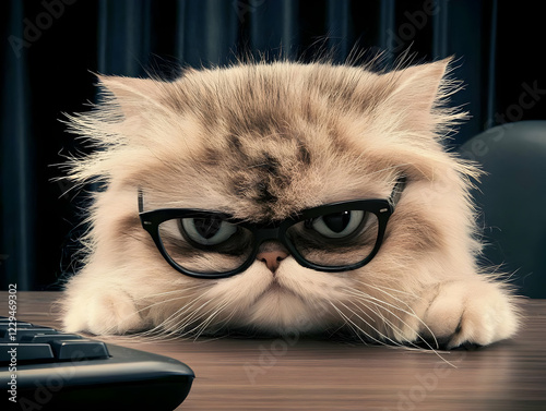 Fluffy Cat Wears Glasses, S...