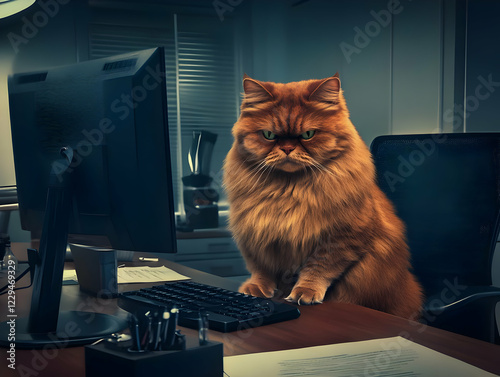 Fluffy Cat Sits at Desk and...